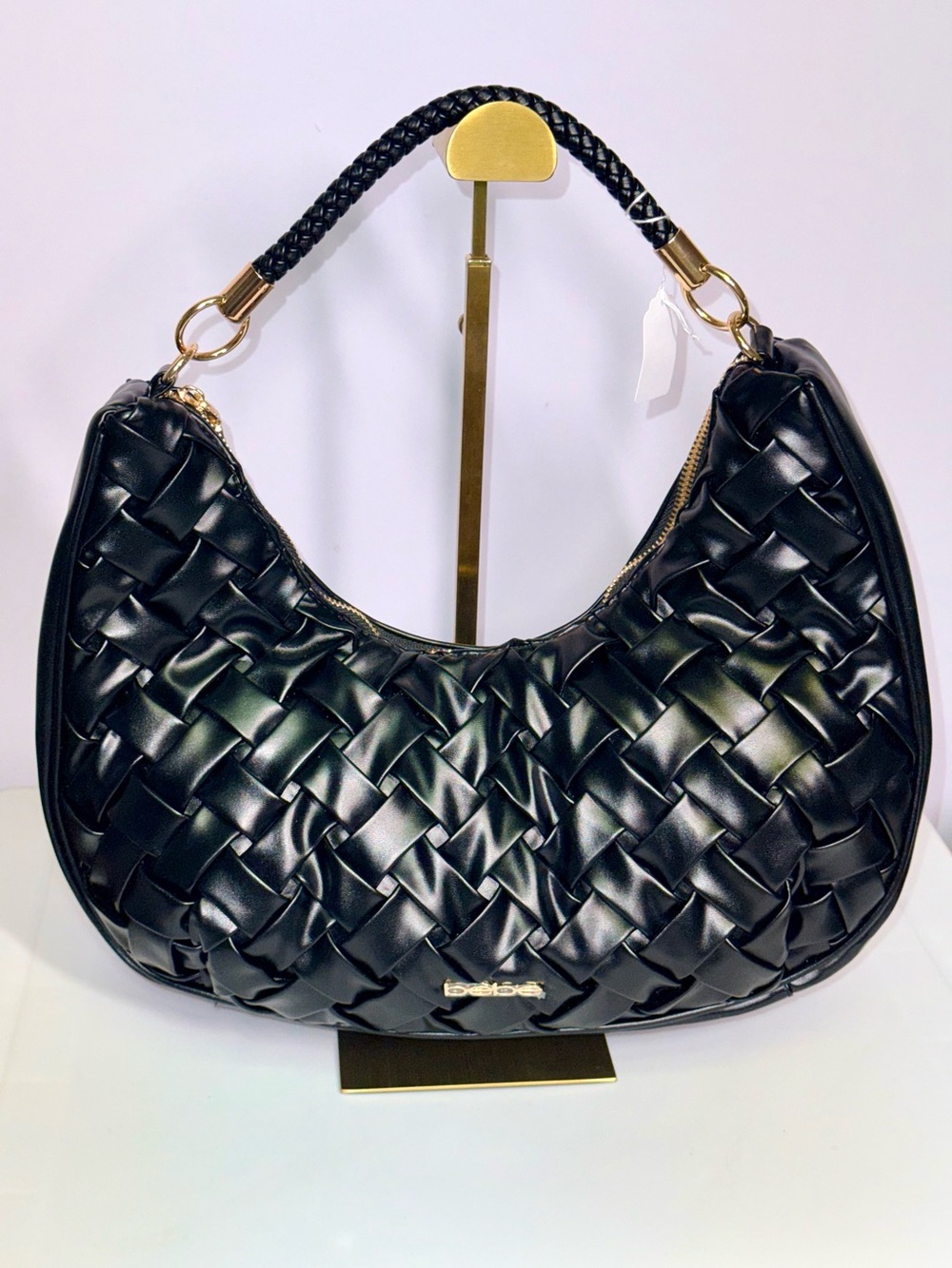 bebe Black Braided Woven Hobo Shoulder Bag with Gold Hardware